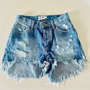 ONE TEASPOON High Rise Bonitas Distressed Mid Blue Wash Denim Cutoffs Short 25